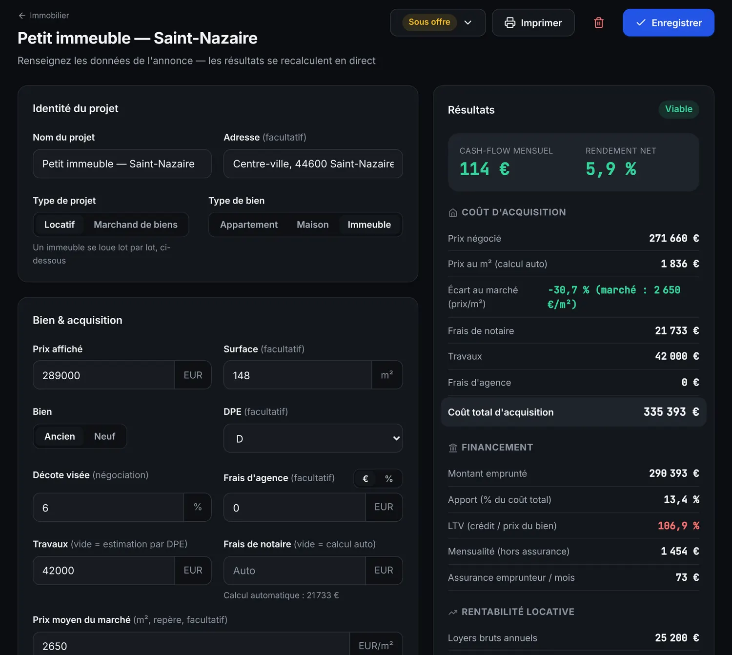 Simulation d’un petit immeuble : coût d’acquisition, financement, cash-flow et rendement net