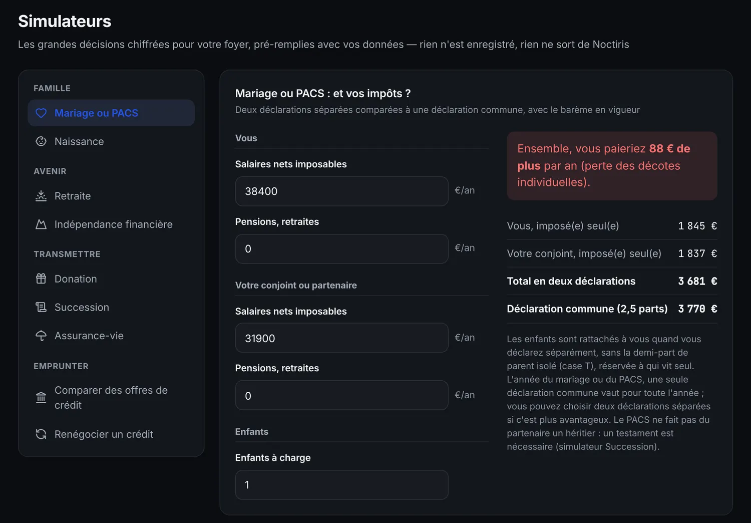 Simulateur mariage ou PACS : impôt en deux déclarations et en déclaration commune