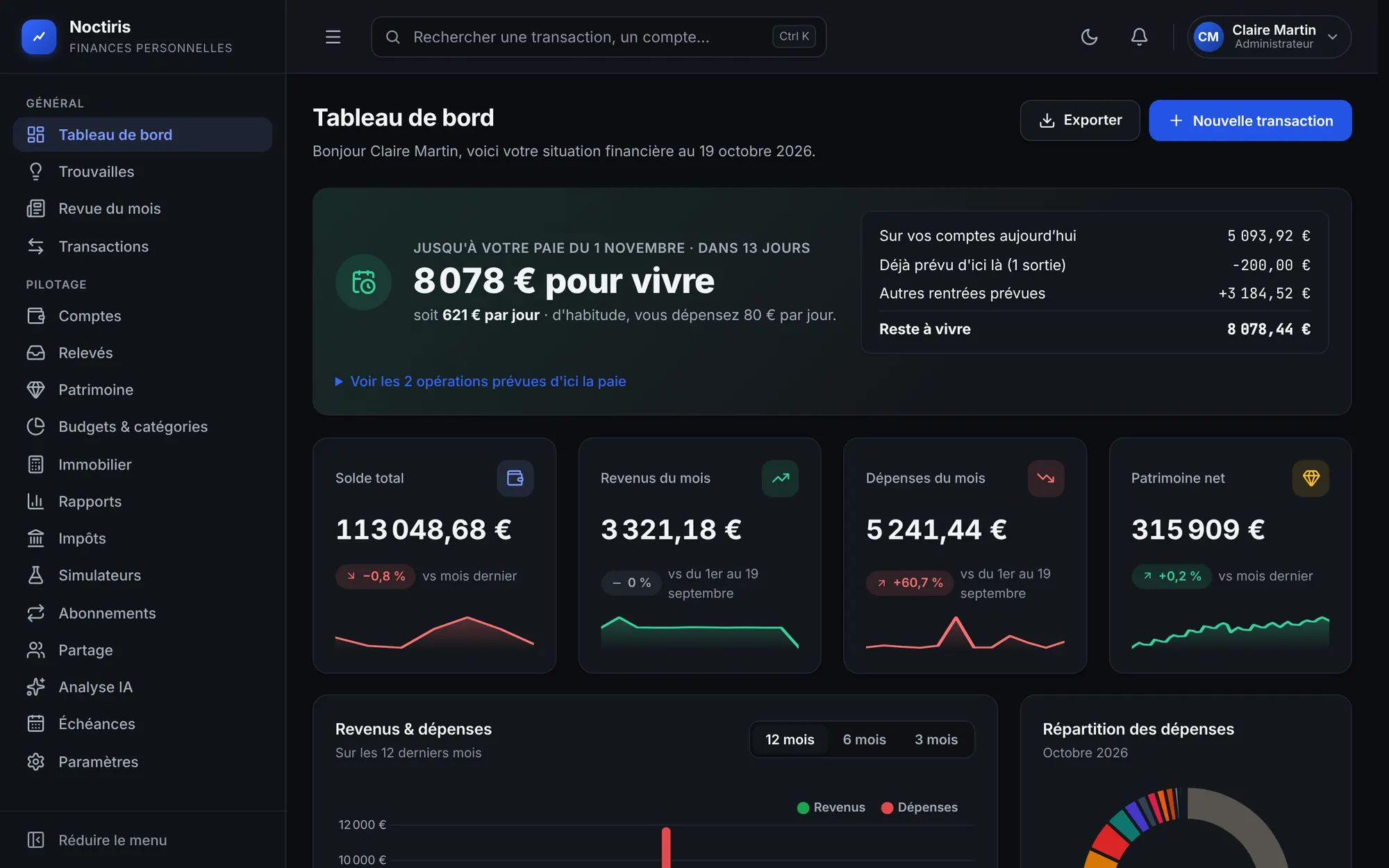 Tableau de bord de Noctiris : reste à vivre jusqu'à la paie, soldes, revenus et dépenses du mois, patrimoine net