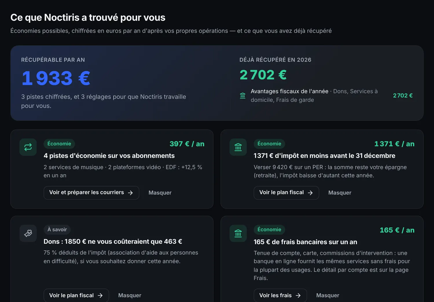 Page « Ce que Noctiris a trouvé pour vous » : montant récupérable par an et pistes chiffrées